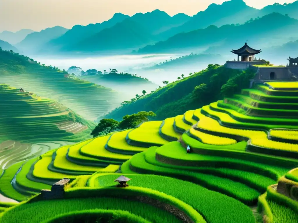 Vista panorámica de campos de arroz verdes y terrazas antiguas, donde agricultores trabajan bajo la mirada de ruinas de la Dinastía Sui