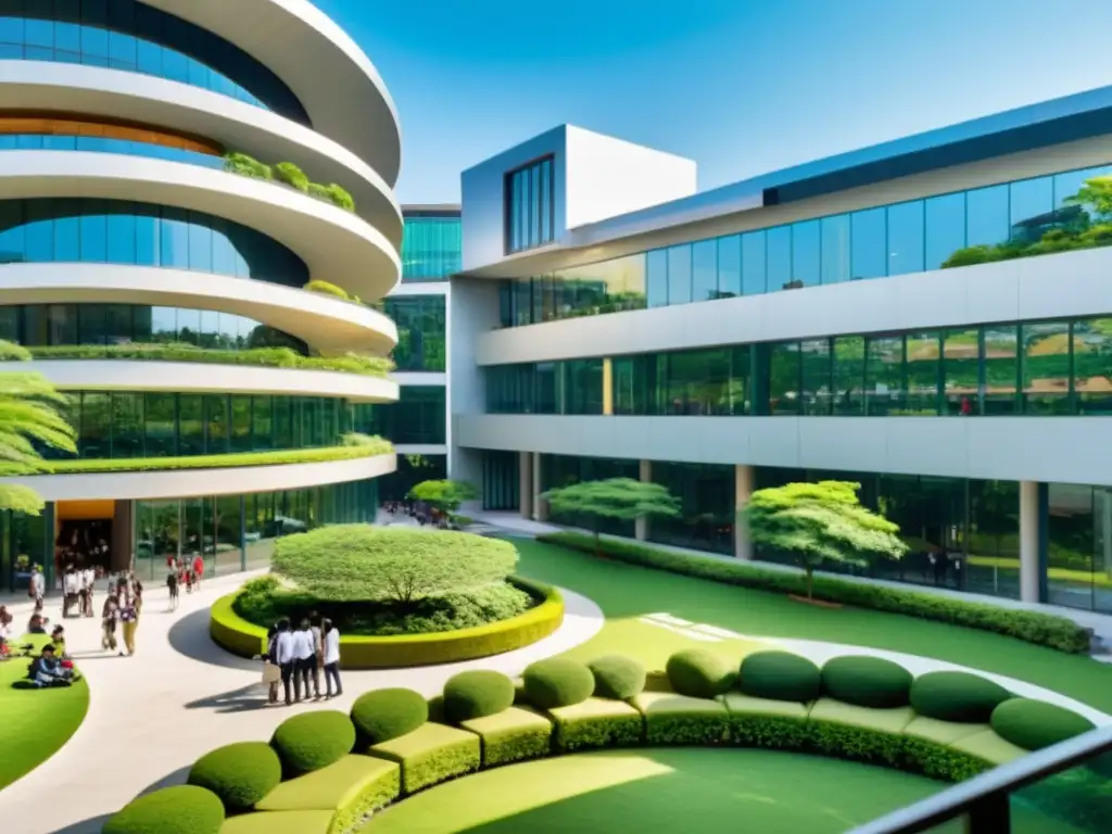 Vista panorámica de un campus universitario en Asia, con estudiantes de diversas disciplinas colaborando en espacios al aire libre