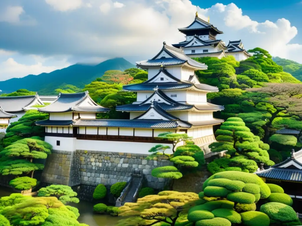 Esplendor ancestral: Castillo de Himeji y su legado samurái Vista panorámica del Castillo de Himeji en Japón, con detalles arquitectónicos y visitantes en trajes de época