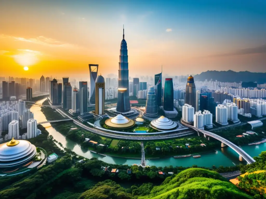 Vista panorámica de una ciudad asiática moderna y sostenible, con rascacielos, templos ornamentados y naturaleza exuberante al atardecer