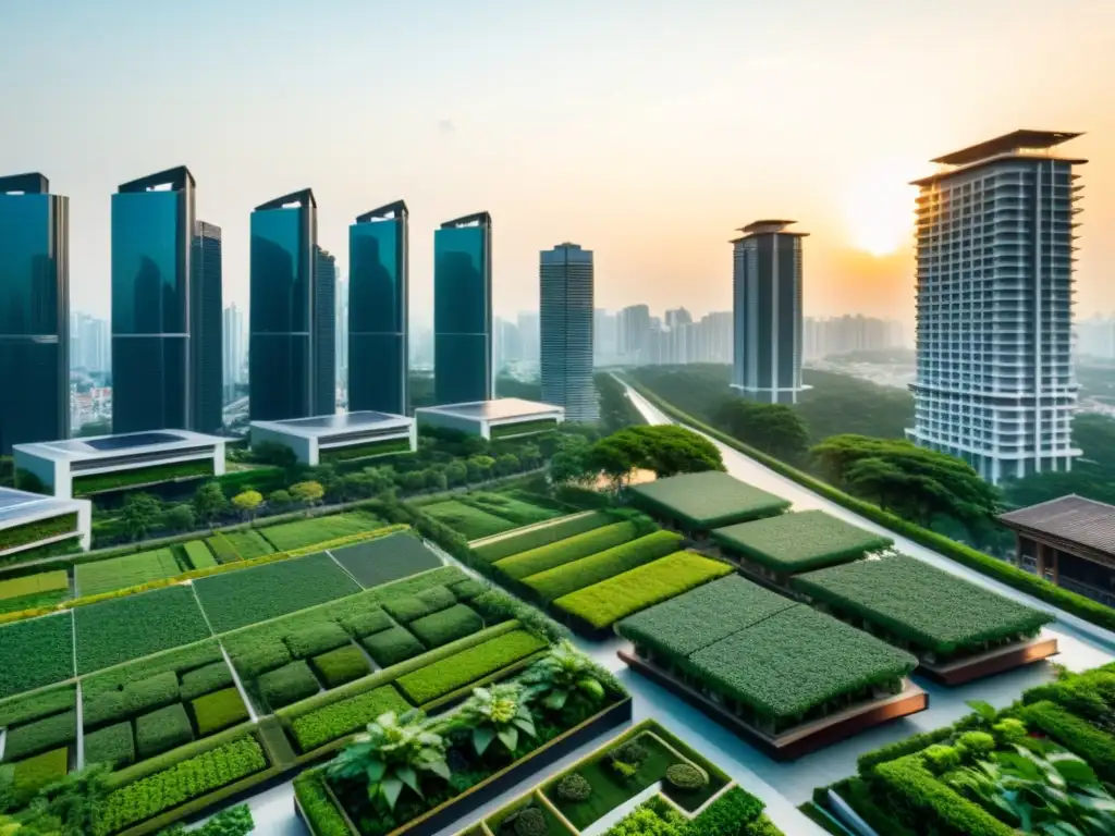 Vista panorámica de una ciudad asiática con arquitectura sostenible y exuberante vegetación urbana al atardecer