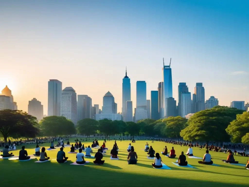 Vista panorámica de la ciudad al atardecer, con rascacielos y un parque tranquilo donde la gente practica mindfulness en la era digital