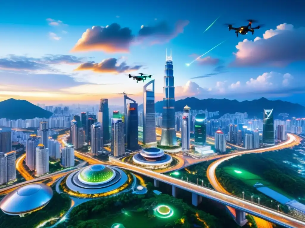 Vista panorámica de una ciudad futurista en Asia, con rascacielos brillantes, una red de autopistas iluminadas y drones de alta tecnología en el cielo