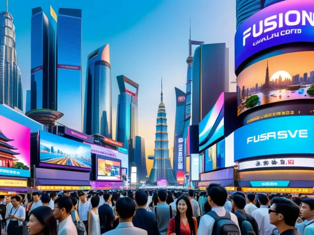 Vista panorámica de una ciudad futurista en Asia, con rascacielos y tecnología digital, reflejando la presencia de Asia en el mundo virtual