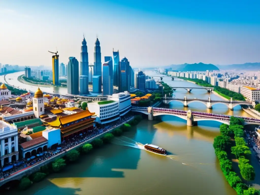 Vista panorámica de dos ciudades contrastantes separadas por un río, un puente de la seda moderno MBA simboliza la conexión entre culturas y negocios