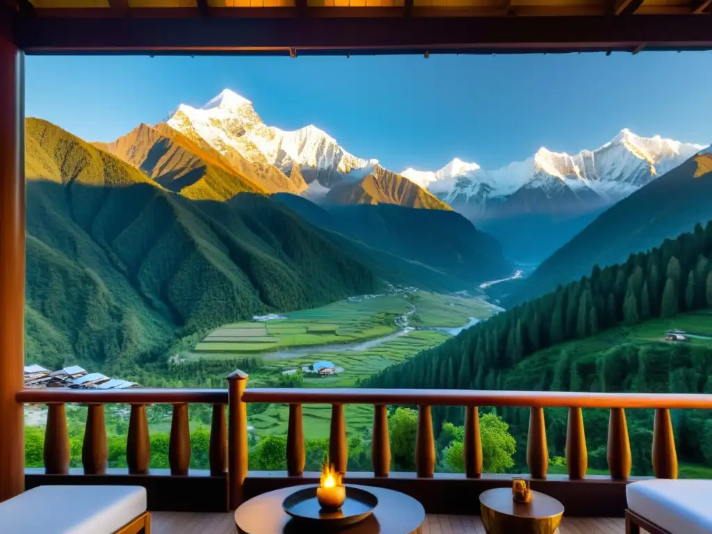 Vista panorámica de la cordillera del Himalaya al atardecer con resorts de lujo en el Himalaya integrados en el escenario natural