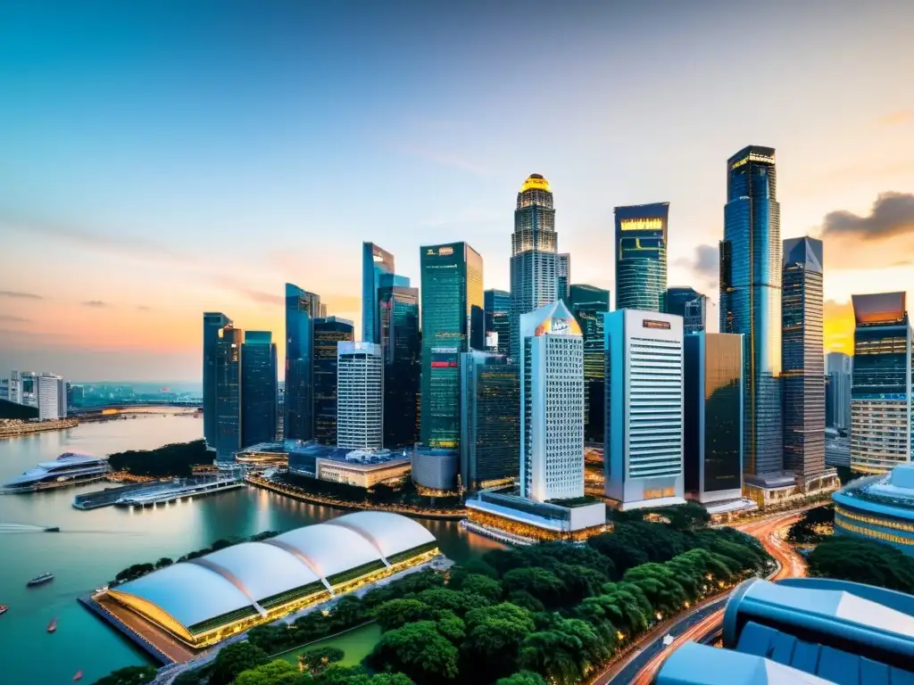 Vista panorámica del distrito financiero de Singapur al atardecer, con rascacielos iluminados y bullicio de actividad