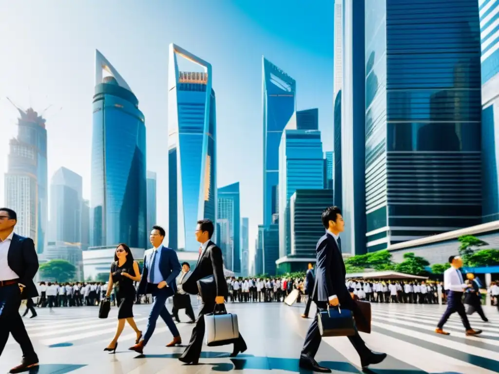 Vibrante distrito de negocios en Asia: energía y modernidad Vista panorámica de distrito de negocios en ciudad asiática, reflejando dinamismo y energía de la región