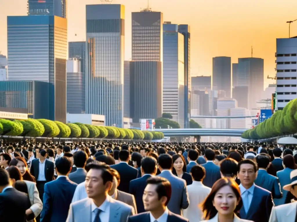 'Vista panorámica del distrito de oficinas de Tokio con una multitud de trabajadores en hora pico