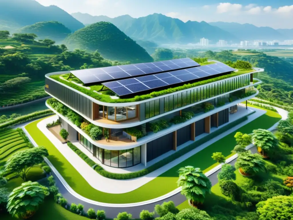 Vista panorámica de edificio inteligente sostenible en Asia, destacando diseño arquitectónico único, eficiencia energética y fusión con el entorno