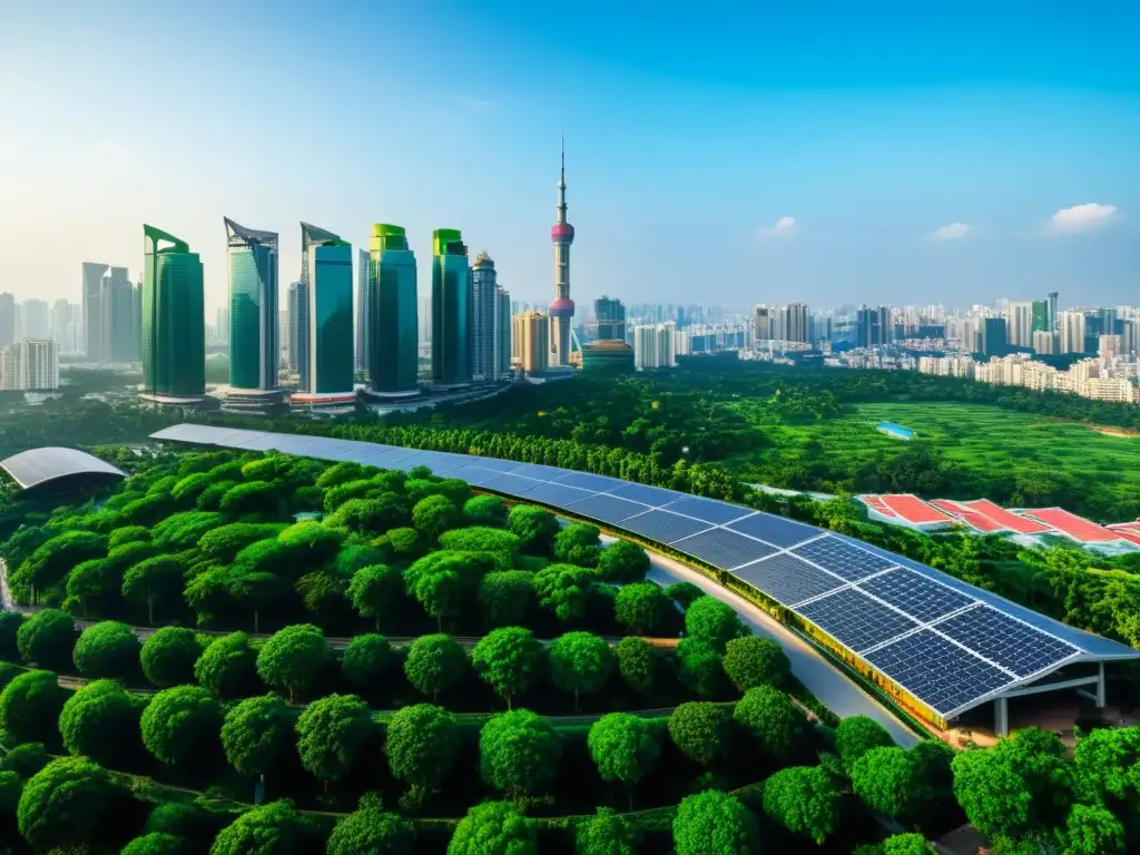 'Vista panorámica de un edificio inteligente Asia, en armonía con la naturaleza y la vida urbana