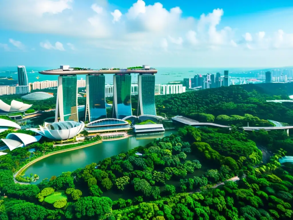 Vista panorámica de Singapur con edificios asiáticos certificados verdes y jardines de la Bahía en primer plano, fusionando la naturaleza con la arquitectura urbana moderna