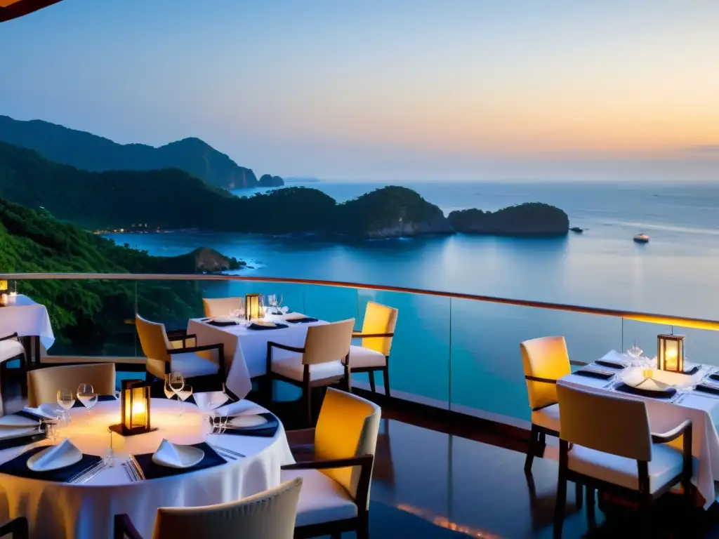 Vista panorámica de un elegante restaurante con estrellas Michelin en Asia, junto al océano, con una atmósfera sofisticada y relajada