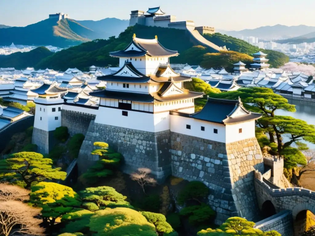 Vista panorámica del Castillo Himeji con estrategias defensivas en castillos japoneses, destacando su imponente arquitectura y paisaje natural