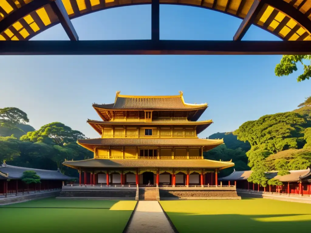 Vista panorámica de estructura histórica asiática en transformación sostenible, con artesanos restaurando detalles arquitectónicos