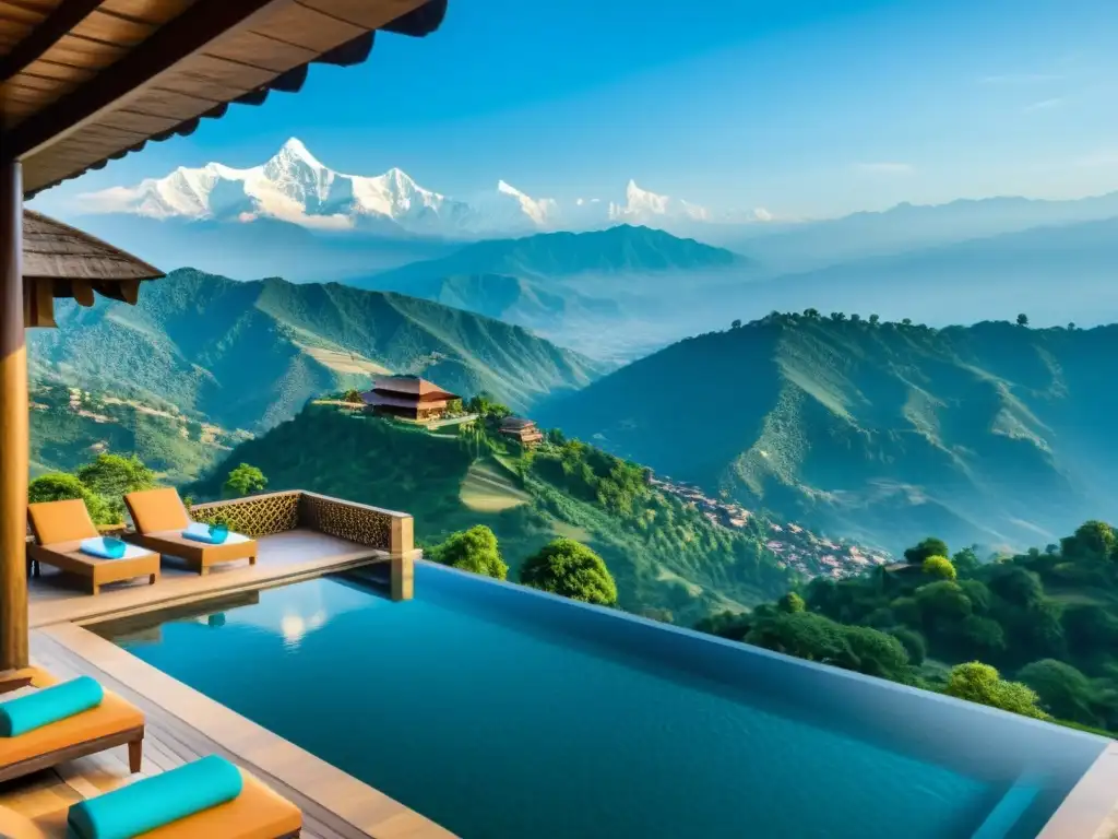 Vista panorámica del exclusivo resort en el Himalaya con piscina infinita y vistas a la cordillera, rodeado de exuberante vegetación y cielo azul