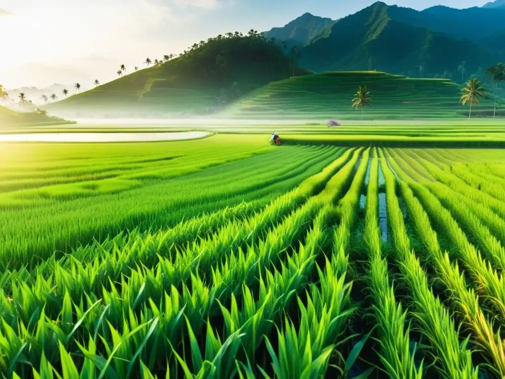 Vista panorámica de un exuberante campo de arroz asiático con trabajadores en atuendos tradicionales, iluminado por los cálidos rayos dorados del sol