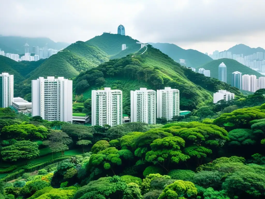 Vista panorámica de las exuberantes colinas verdes de Hong Kong, con rascacielos modernos al fondo