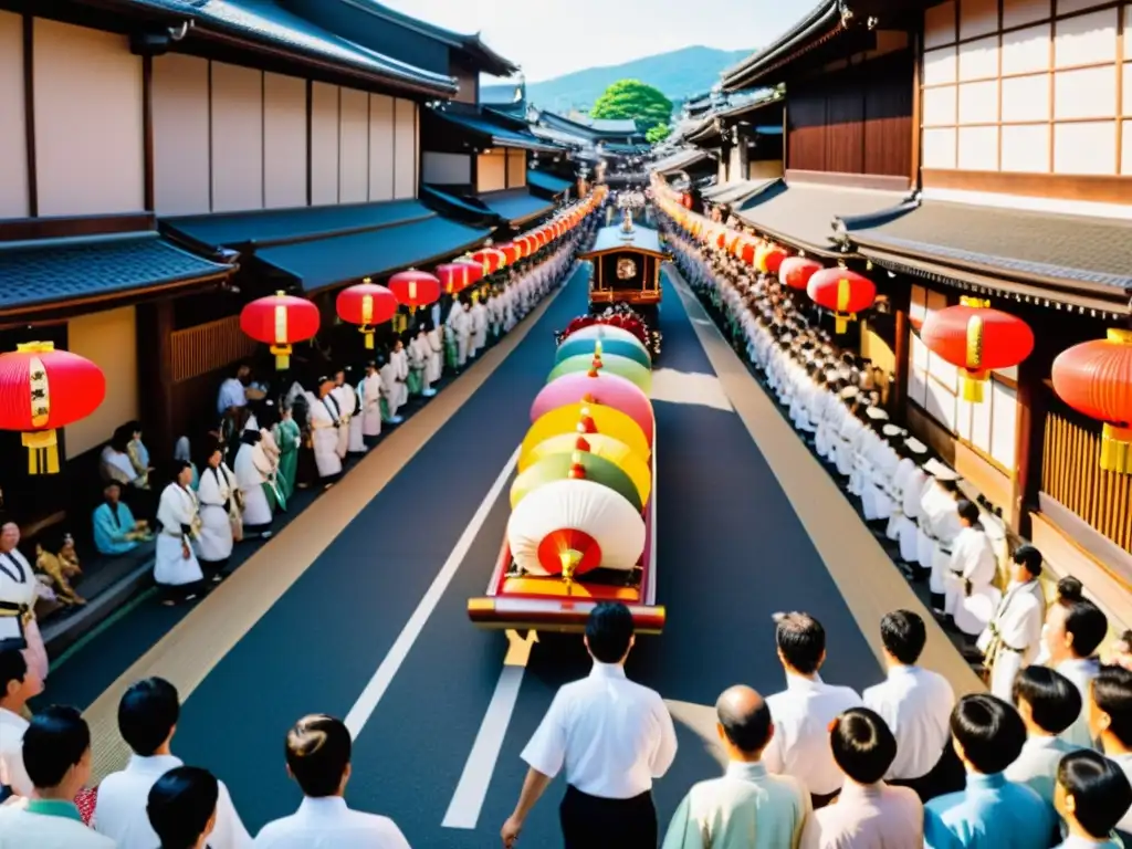 Vista panorámica del Festival Gion Matsuri en Kioto, Japón, con desfile de carros tradicionales 'Yamaboko' y multitud animada en yukatas de verano