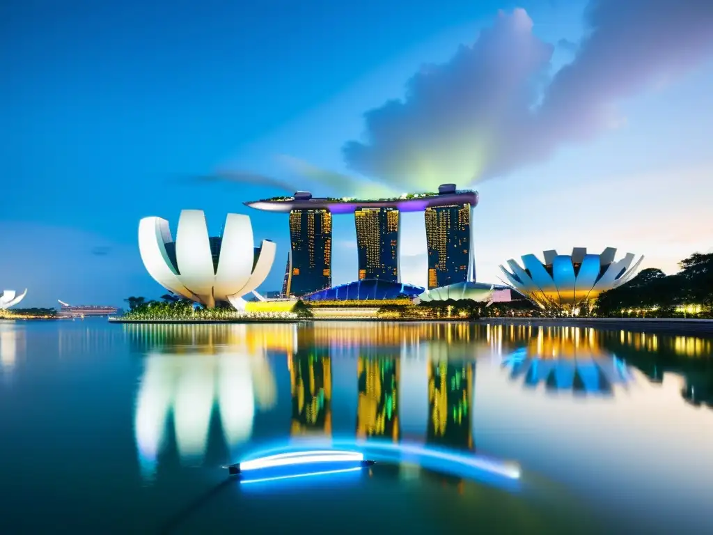 Vista panorámica del futurista skyline de Singapur, con el icónico hotel Marina Bay Sands y el Supertree Grove en Gardens by the Bay