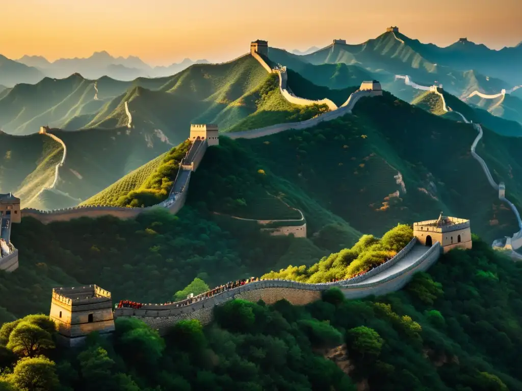 Vista panorámica de la Gran Muralla China al atardecer, con Ming Navegantes Dragón Gran Muralla revelando su legado histórico y belleza única