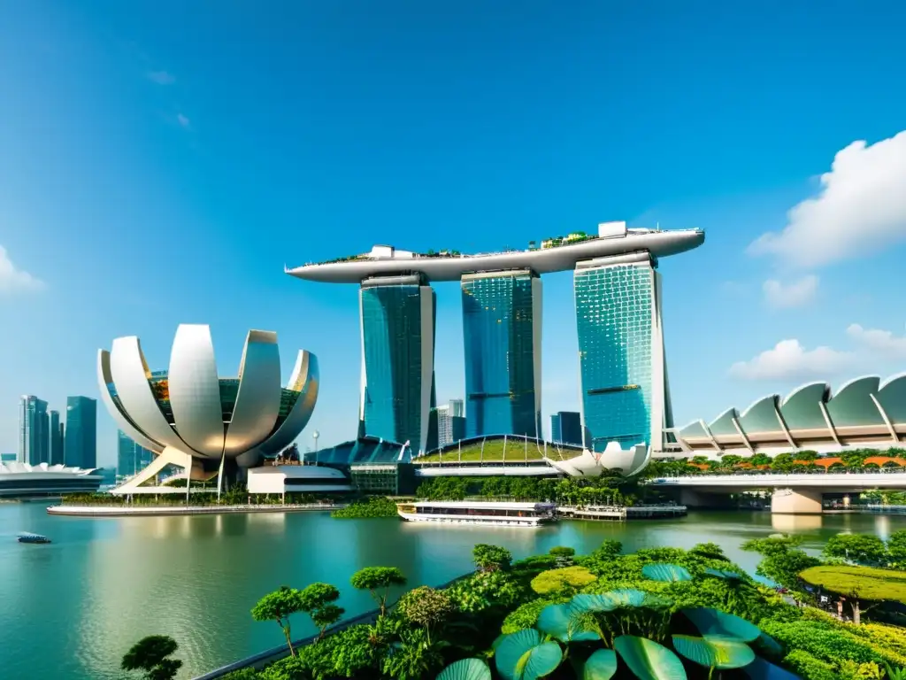 Vista panorámica de Singapur con el icónico hotel Marina Bay Sands y edificios asiáticos certificados verdes