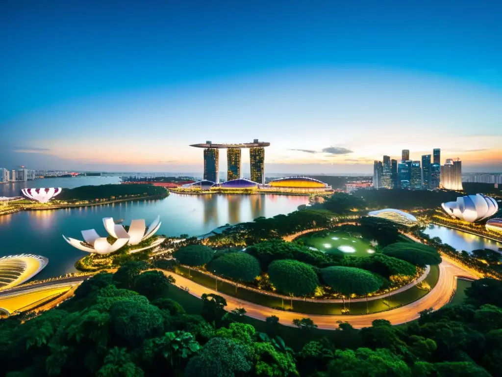 Vista panorámica de Singapur con Marina Bay Sands y Supertree Grove, iluminada por la noche