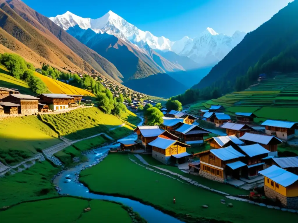 Vista panorámica impresionante de una aldea remota en el Himalaya, con arquitectura tradicional y tradiciones ancestrales aldeas aisladas Himalaya