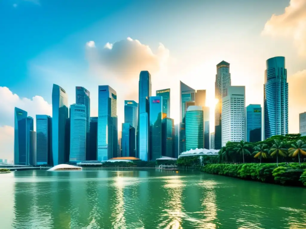 Vista panorámica de la impresionante arquitectura moderna asiática sostenible en Singapur, con rascacielos y vegetación exuberante