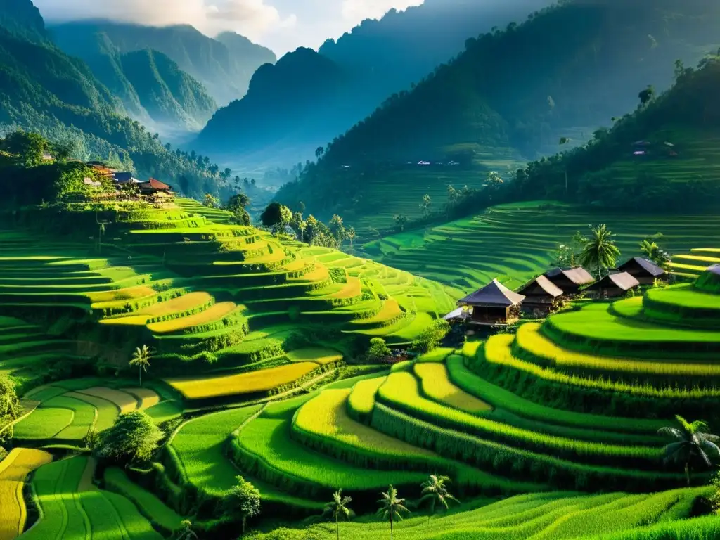 Vista panorámica impresionante de Tana Toraja, con casas tradicionales Tongkonan, arrozales verdes y montañas brumosas