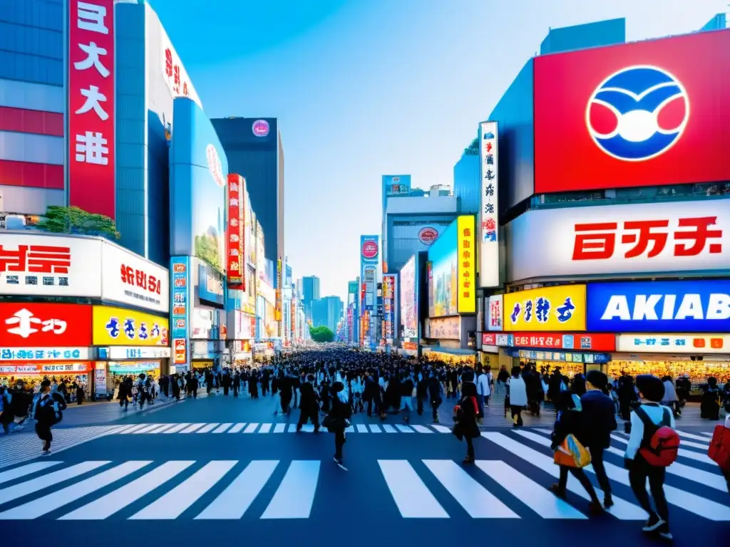 Vista panorámica impresionante de Akihabara, Tokio, Japón, con tiendas temáticas de anime, vistosos carteles y turistas