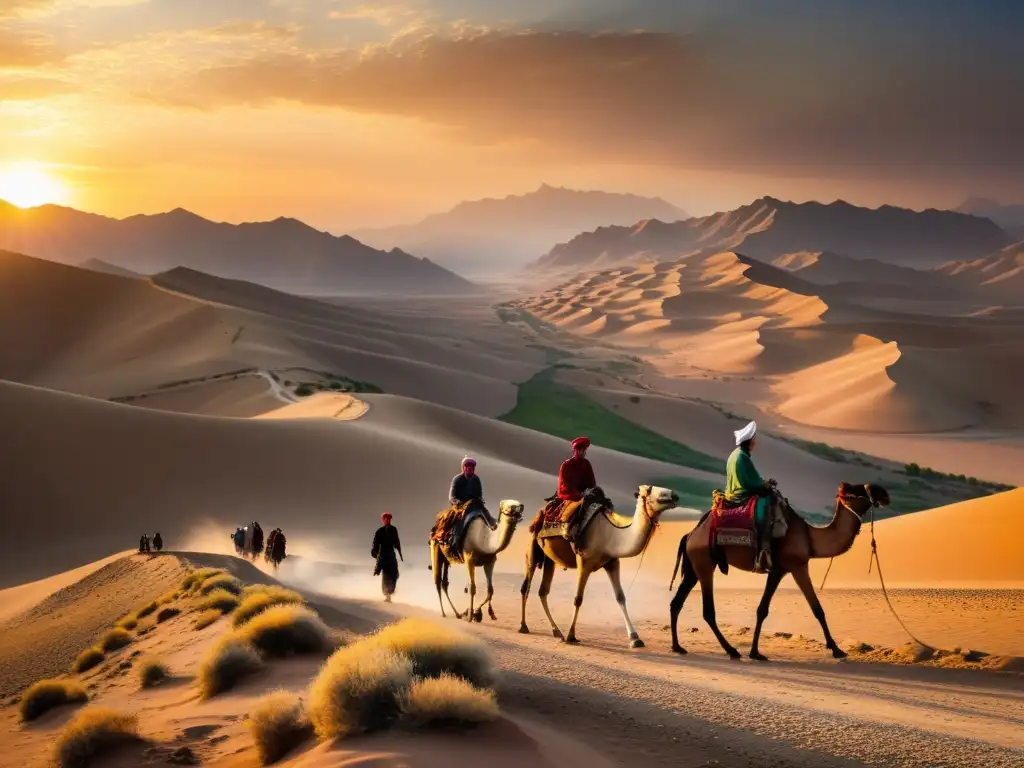 Vista panorámica de la legendaria Ruta de la Seda en Asia, con caravanas de camellos recorriendo el antiguo camino entre montañas