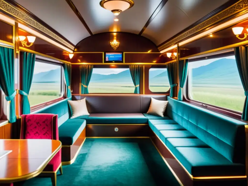 Vista panorámica del lujoso interior del Tren Transiberiano, fusionando confort moderno con influencias asiáticas tradicionales