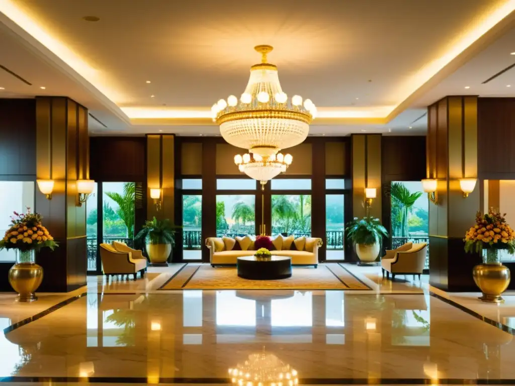 Vista panorámica del lujoso lobby de un hotel en Mumbai, con detalles en mármol, candelabros de cristal y huéspedes elegantes