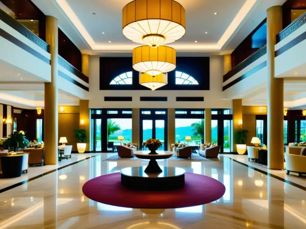 Vista panorámica del lujoso lobby del Hotel & Country Club Empire en Brunei, con detalles de mármol, techos altos, candelabros y muebles elegantes