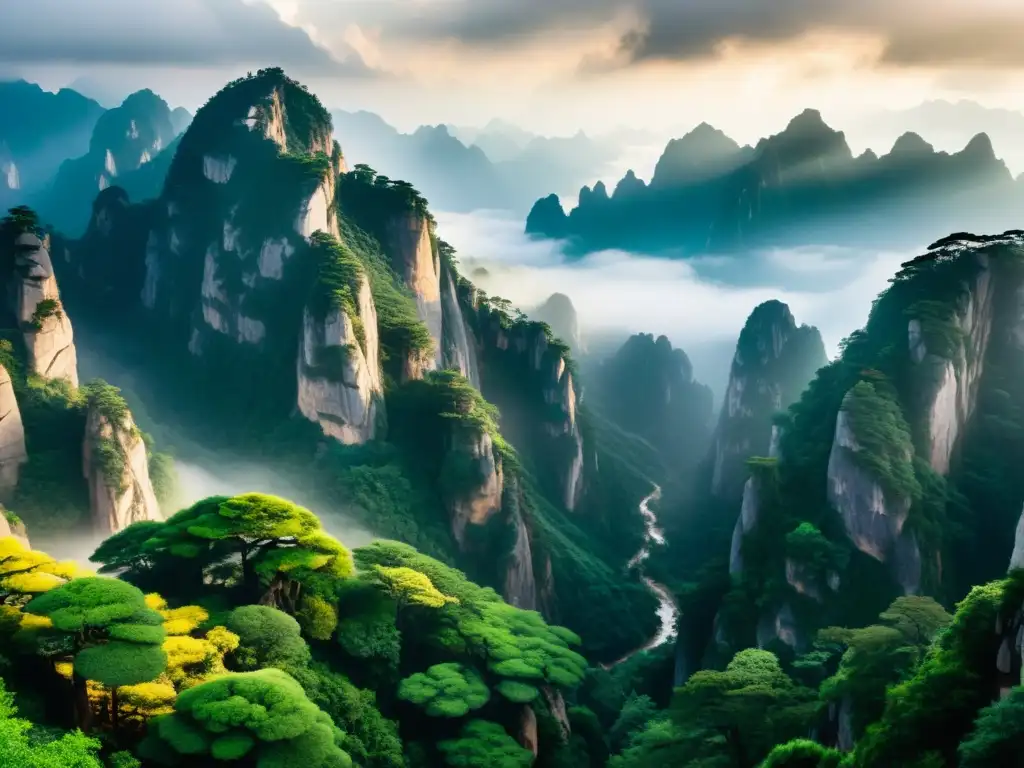 Vista panorámica de las majestuosas Montañas Huangshan en China, envueltas en niebla y exuberante vegetación