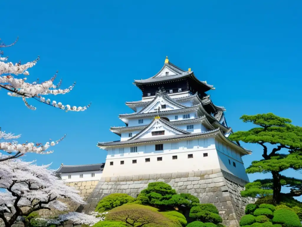 Vista panorámica del majestuoso Castillo de Himeji, con estrategias defensivas en castillos japoneses y exuberante naturaleza