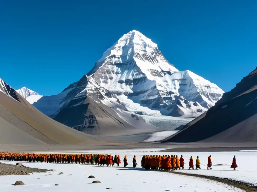 Vista panorámica del majestuoso Monte Kailash con peregrinos realizando la ardua peregrinación, reflejando la cultura asiática y la espiritualidad