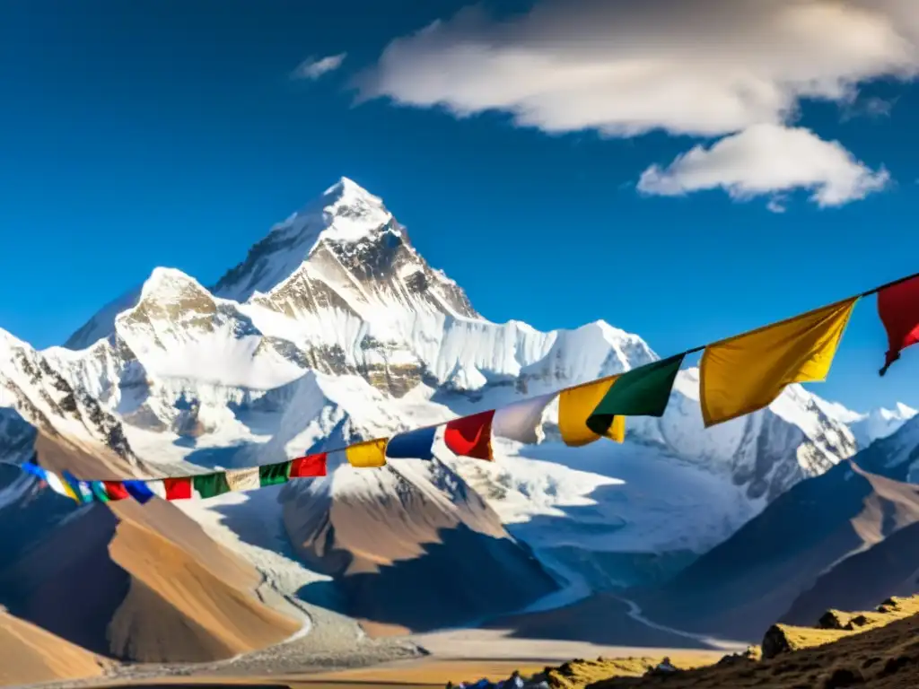 Vista panorámica de los majestuosos picos nevados del Himalaya, con una bandera de oración tibetana ondeando en primer plano