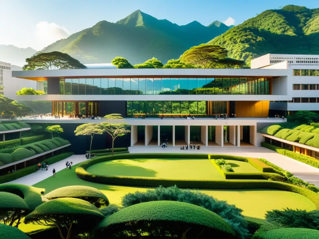 Vista panorámica del moderno campus de la Universidad de Hong Kong, con edificios de vidrio y espacios al aire libre, irradiando una energía vibrante