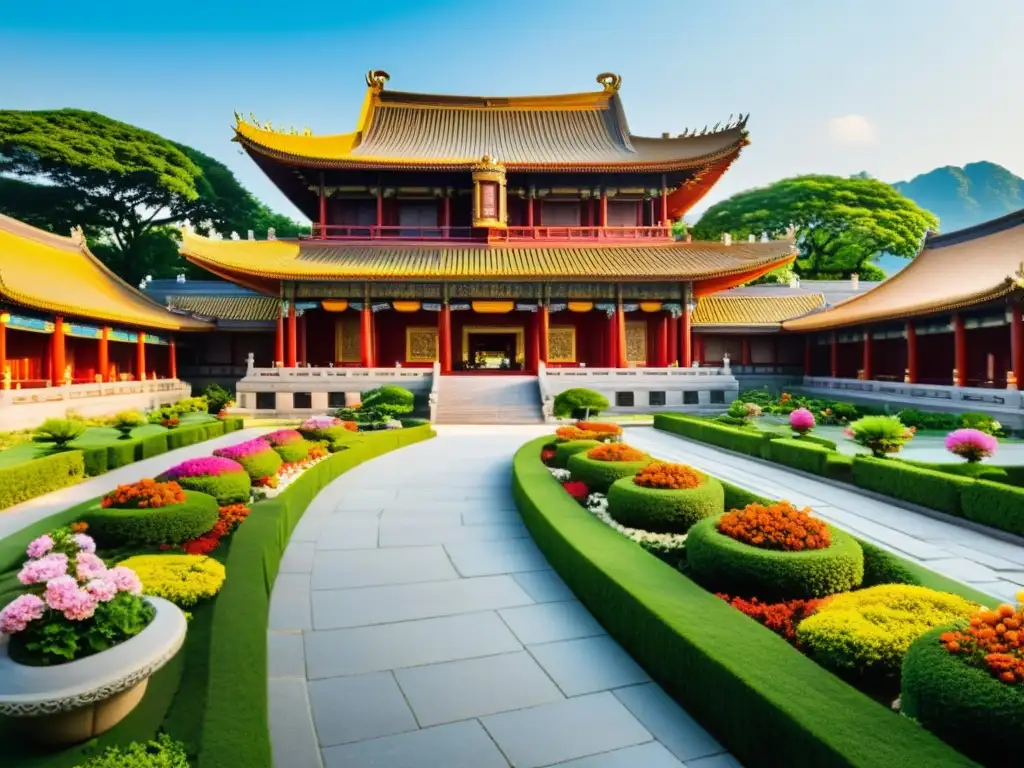 Vista panorámica de un museo asiático con detalles arquitectónicos elaborados, rodeado de exuberante vegetación y jardines florecientes