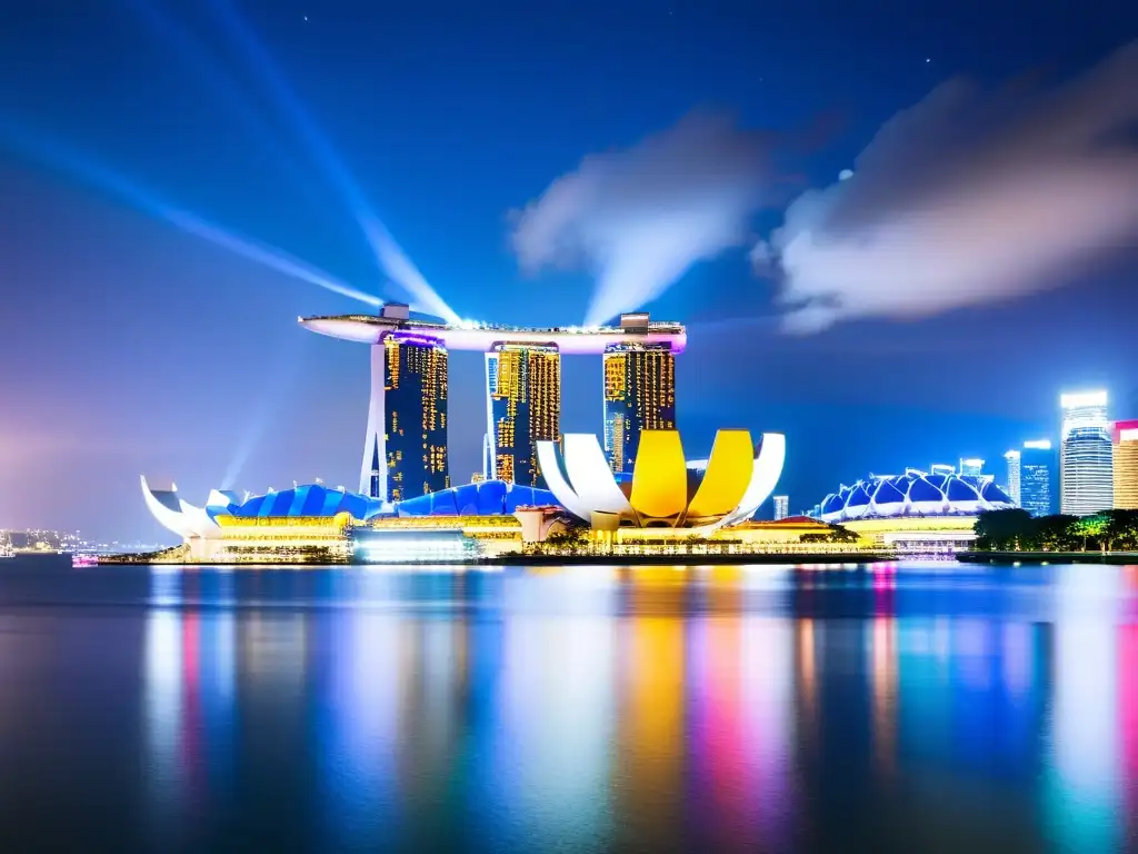 Vista panorámica nocturna de Singapur con el icónico hotel Marina Bay Sands y su deslumbrante skyline iluminado por luces de colores