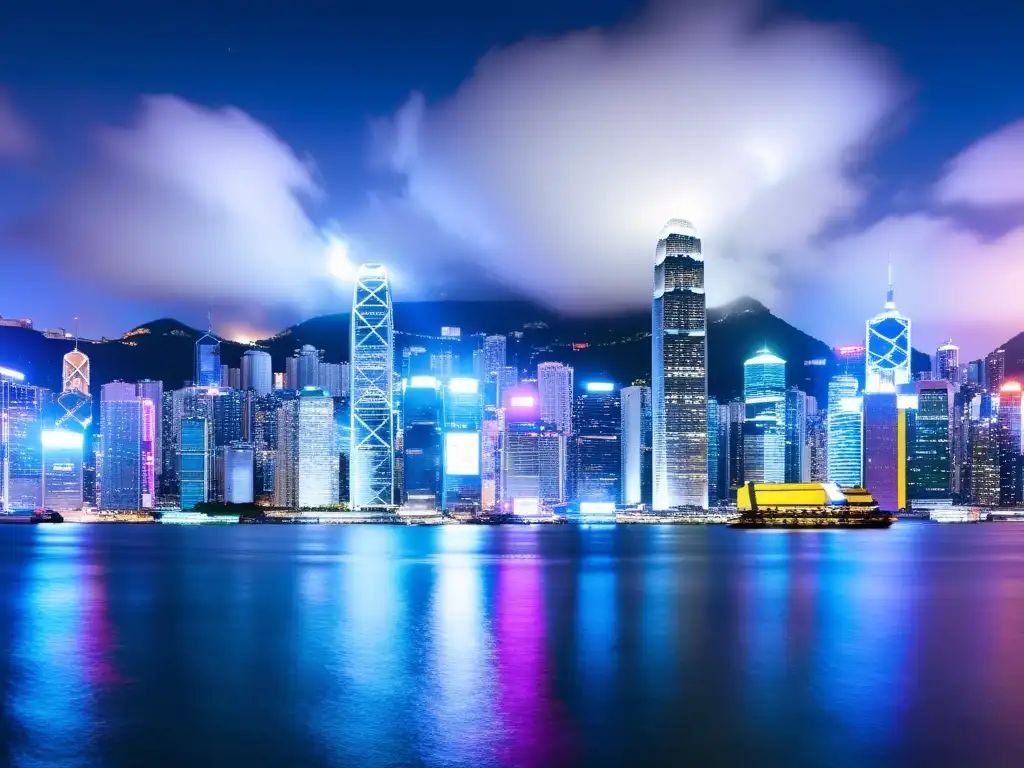 Vista panorámica nocturna de Hong Kong, con rascacielos brillantes y luces de neón en Victoria Harbour