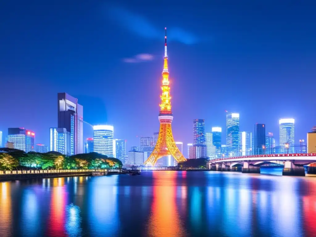 Vista panorámica nocturna del skyline de Tokio con rascacielos iluminados y reflejados en el río Sumida