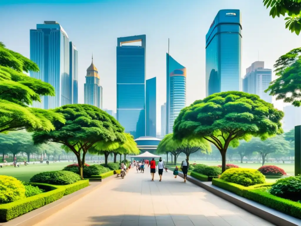 Vista panorámica de un parque urbano exuberante en Asia, con arquitectura sostenible y zonas verdes urbanas