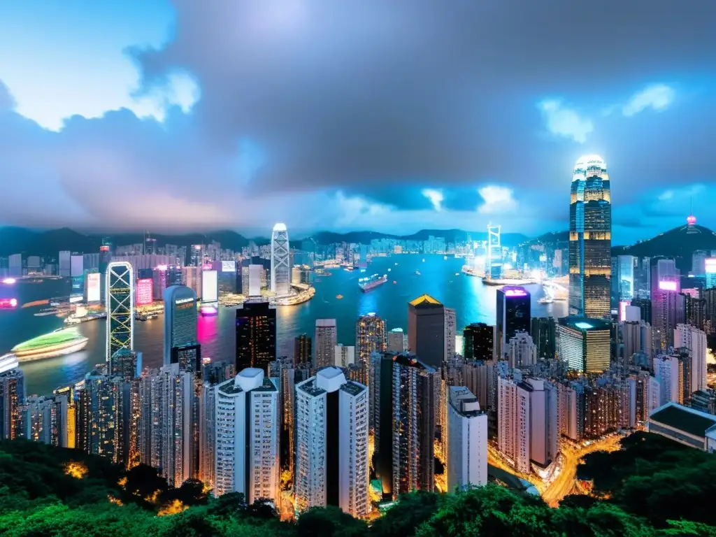 Vista panorámica de Hong Kong con rascacielos, luces de neón y la evolución urbana, transmitiendo lecciones de historia en planificación urbana