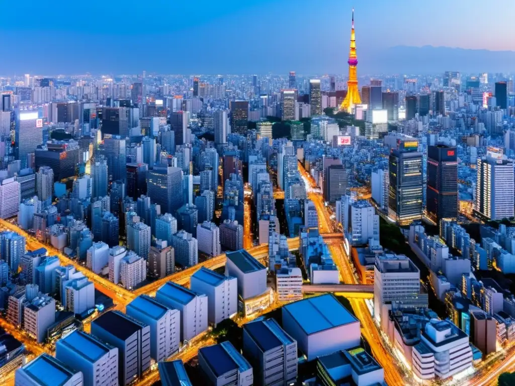 Vista panorámica de Tokio con rascacielos, luces neón y el monte Fuji al fondo