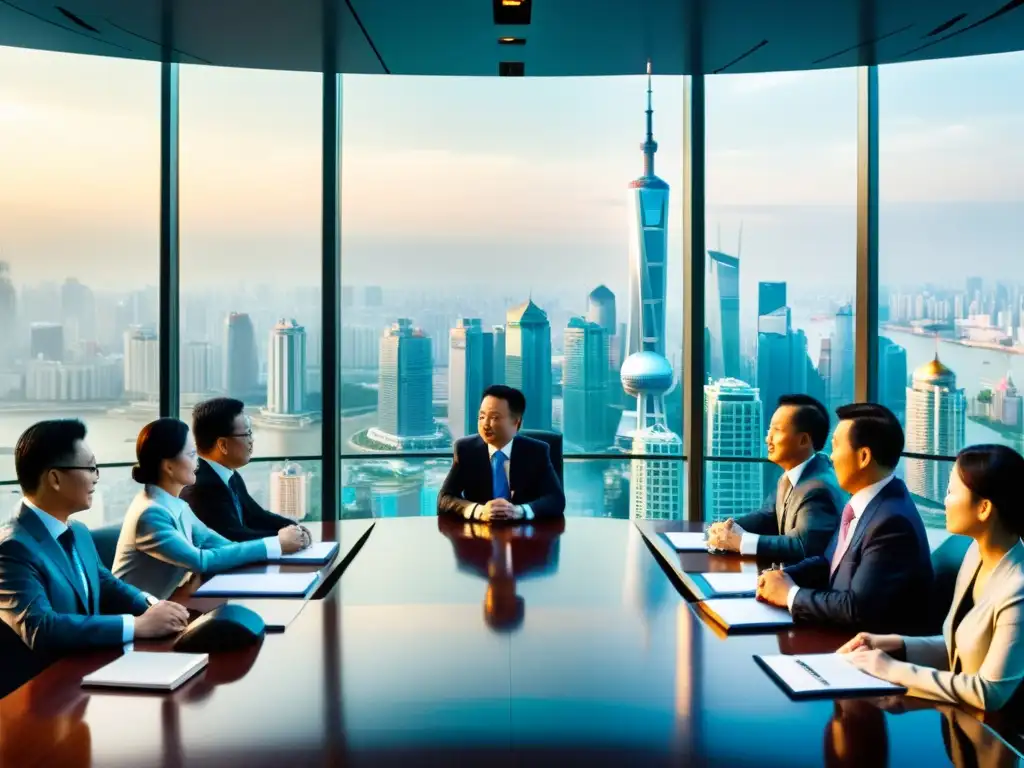 Vista panorámica de una sala de juntas en Shanghai, con ejecutivos chinos aplicando el arte de la guerra en negocios chinos