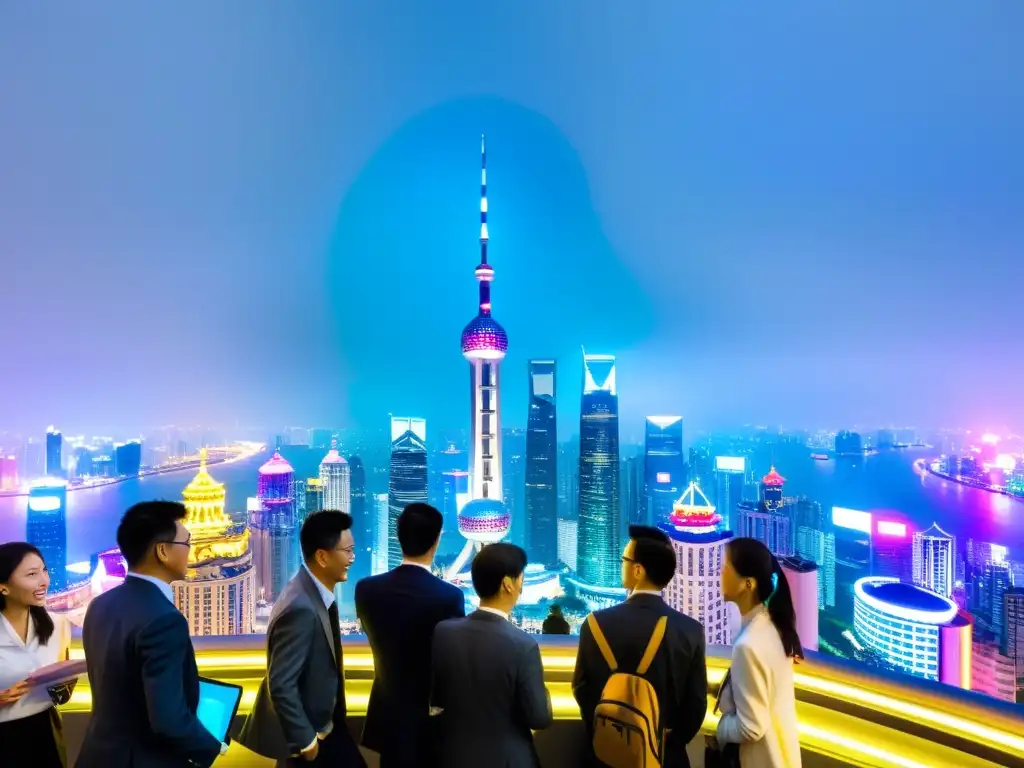 Vista panorámica de Shanghai con rascacielos iluminados y estudiantes debatiendo, simbolizando las oportunidades de estudiar MBA en Asia