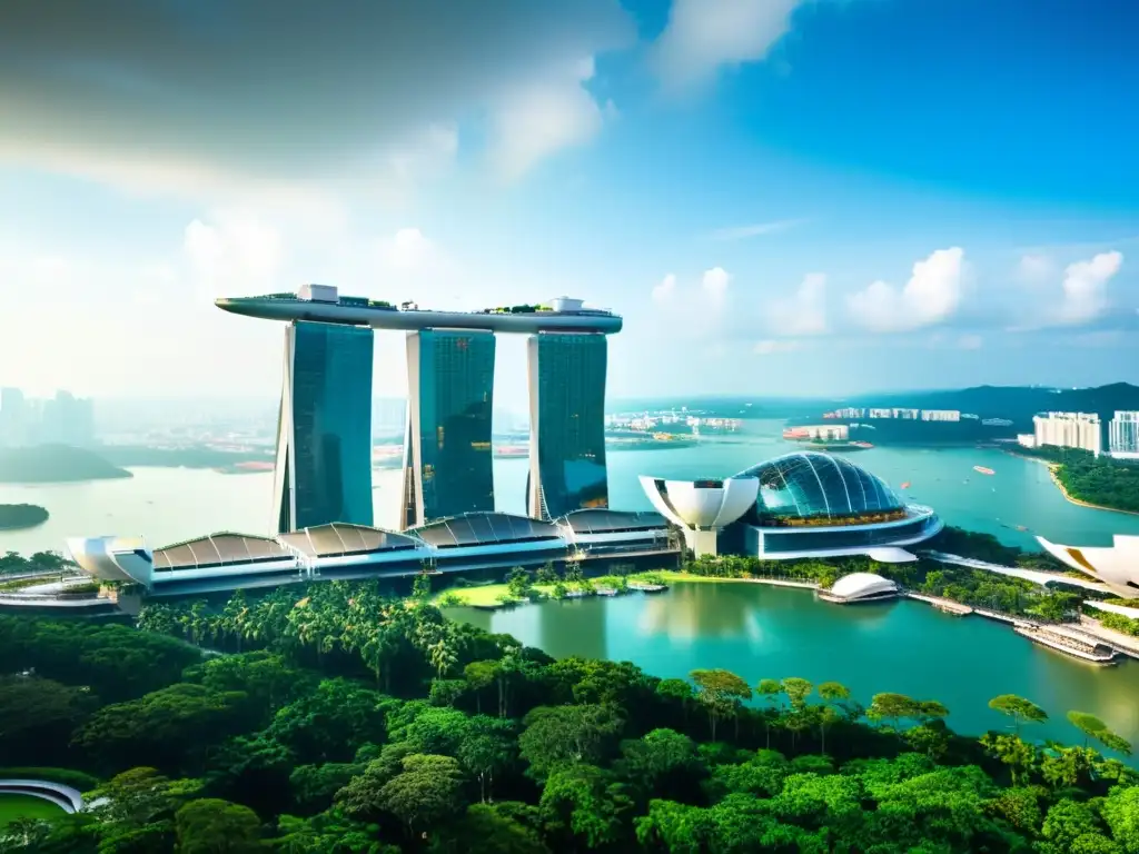 Vista panorámica de Singapur con Marina Bay Sands resaltando la sostenibilidad de megaestructuras asiáticas en armonía con la naturaleza